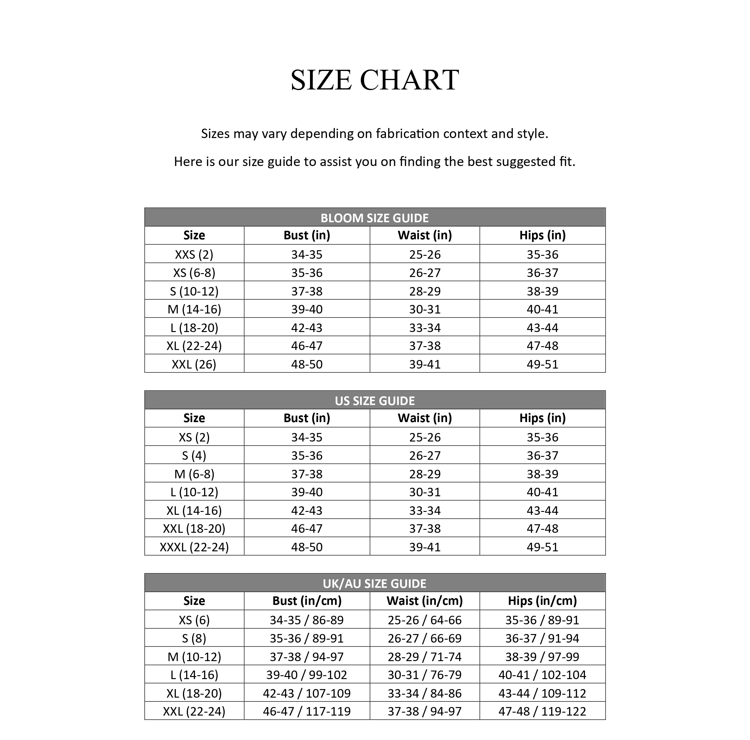 Size Chart Page 1
