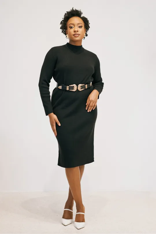 Mock Neck Long Sleeved Dress - Black
