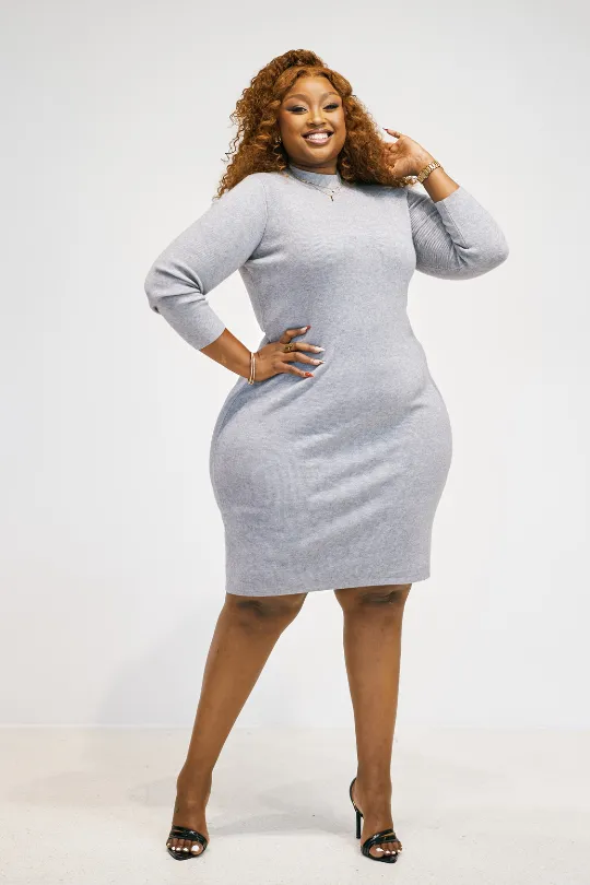 Mock Neck Long Sleeved Dress - Grey
