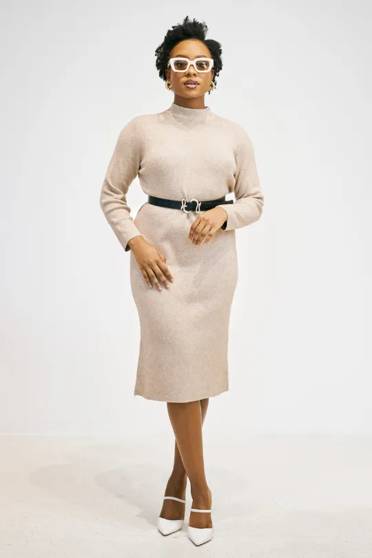 Mock Neck Long Sleeved Dress - Beige