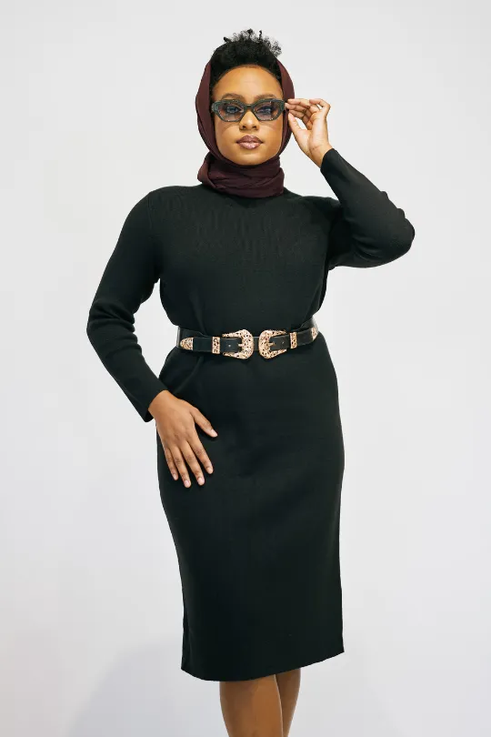Mock Neck Long Sleeved Dress - Black